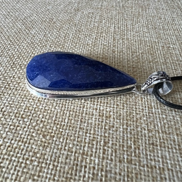 New Faceted Blue Enhanced Sapphire Stone Silver Overlay Pendant Necklace w Cord - Picture 8 of 8